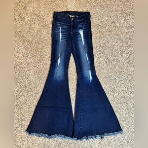 Lucky & Blessed Distressed Flare Jeans in Dark Blue